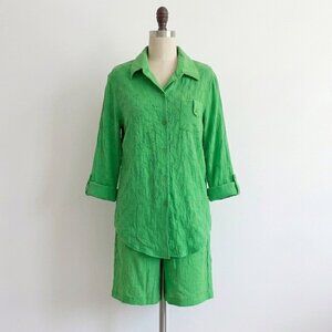 Vintage 80's 90's Shirt Shorts Set Button Neon Green Tourist Plaid Checkered